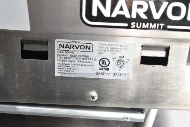 Narvon NSSM3 Summit Granita Machine nameplate showing model, serial number SLS1241399, voltage, and compliance labels.