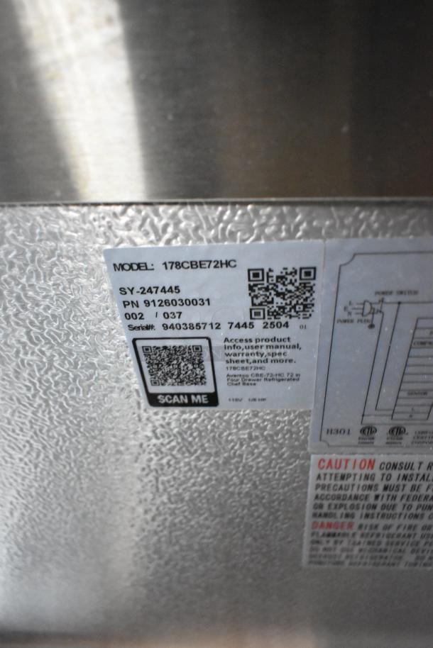 Stainless steel label showing Avantco 178CBE72HC model, serial number, and QR codes on chef base. "Scan me" instructions visible.