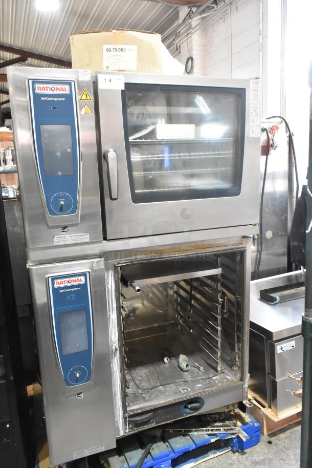 Two 2019 Rational SCCWE62/SCCWE100 iCombiPro convection ovens. Stainless steel, 480V, 3-phase. Bottom oven door glass broken.