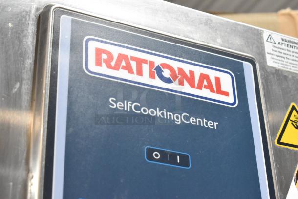 Rational SelfCooking Center stainless steel commercial oven panel, displaying brand logo and settings.