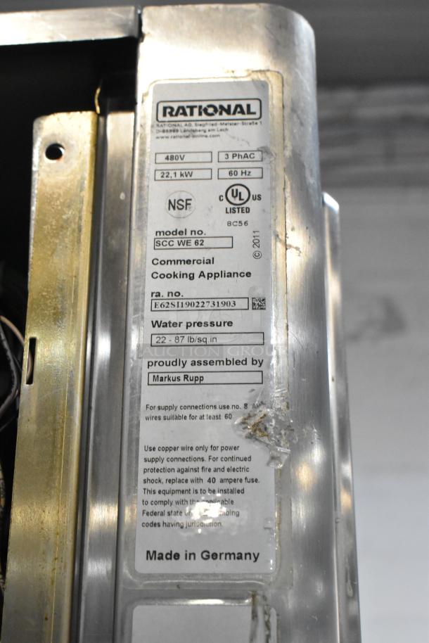 Rational SCCWE62 label showing 480V, 3 phase, 22.1 kW. Assembled by Markus Rupp, Made in Germany. NSF, UL listed.