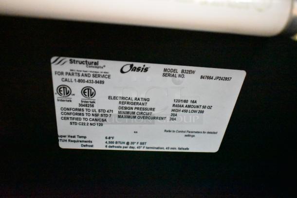 Structural Concepts model B32EW metal merchandiser label. ETL certified, 120V/16A, R404A refrigerant, conforms to NSF STD 7.
