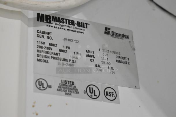 Master-Bilt BLG-74HD 3-door freezer merchandiser label. Features 208-230 volts, 1 phase, UL and NSF certifications.