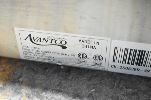 Sticker label on Avantco 177F202 fryer showing model, voltage 208-240V, and ETL certification. Made in China.