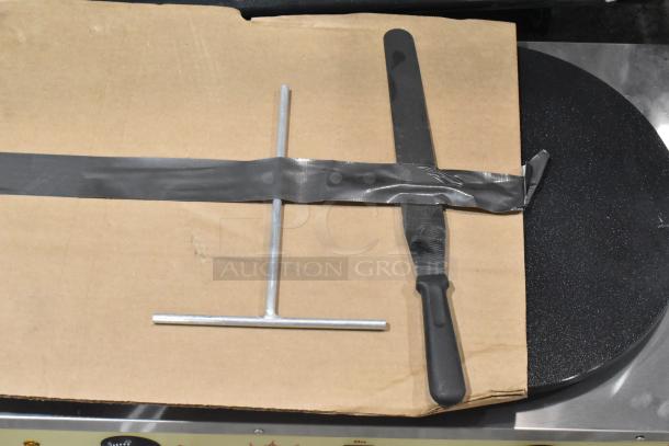 Brand new Carnival King stainless steel 16" dual non-stick crepe maker, model 382TCM16DBL. Slightly scratched. Includes spatula and spreader.