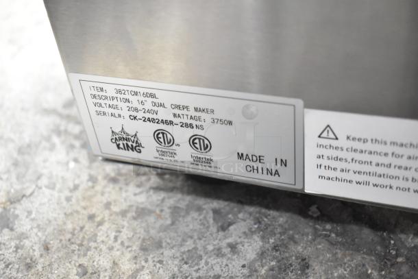 Carnival King 382TCM16DBL stainless steel 16" dual non-stick crepe maker label, 208/240V, 3750W, serial CK-240246R-286.