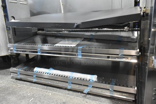 Brand new ServIt 423OAM138D 48" 2-shelf heated display merchandiser, scratch and dent, 120V, 1 phase, slanted design.