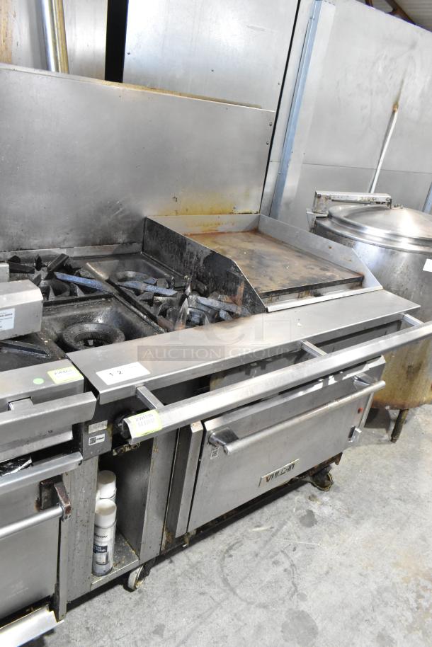 Vulcan V2BG4TS stainless steel 4-burner range with flat top griddle, oven, backsplash, 50,000 BTU, on casters.