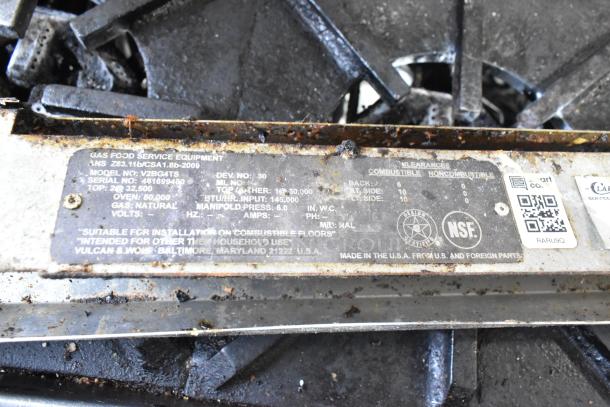 Vulcan V2BG4TS stainless steel commercial gas griddle with 4-burner range, 50,000 BTU. Features NSF certification label.