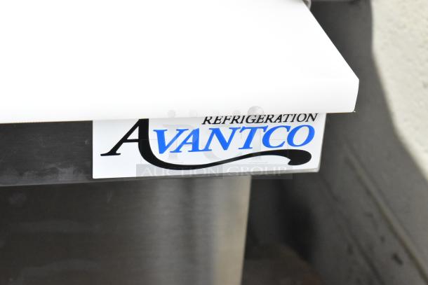 Brand new Avantco 178APT60MHC stainless steel sandwich prep table, bain marie top, on casters. Scratch and dent condition.