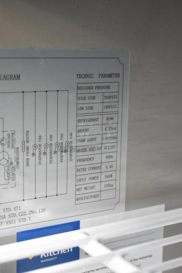 Alt text: Label on Avantco 178APT60MHC prep table showing technical parameters and specifications, including refrigerant R290.