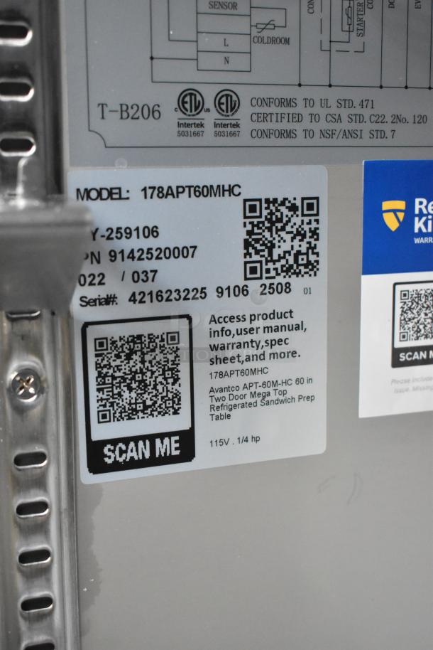 Avantco 178APT60MHC, stainless steel prep table, QR code for user manual, 115V, 1 Phase, scratch and dent condition.