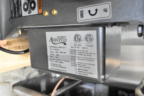 BRAND NEW Avantco MX10H 10 Quart Planetary Stand Mixer. Features metal bowl, bowl guard, whisk. 115V, 1 Phase. Labels show ETL certification and specs.
