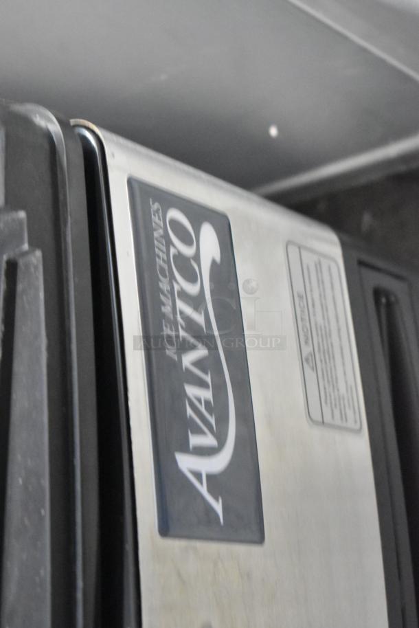 Brand new Avantco 194UCF280A stainless steel ice machine with visible logo and notice label; scratch-and-dent condition.