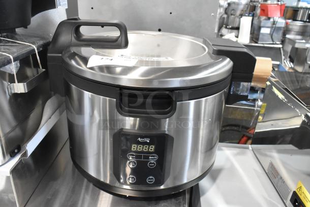 Brand new Avantco 177RCSB90 stainless steel digital electric rice cooker, 90 cup capacity, with hinged lid, 240V, 1 phase.