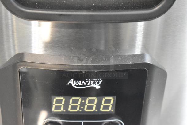 Brand new Avantco 177RCSB90 stainless steel rice cooker/warmer, 90 cup, digital display, 240V. Scratches visible.