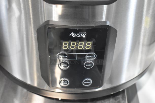 Brand new Avantco 177RCSB90 stainless steel digital electric rice cooker, 90 cup capacity, with a digital display and controls.