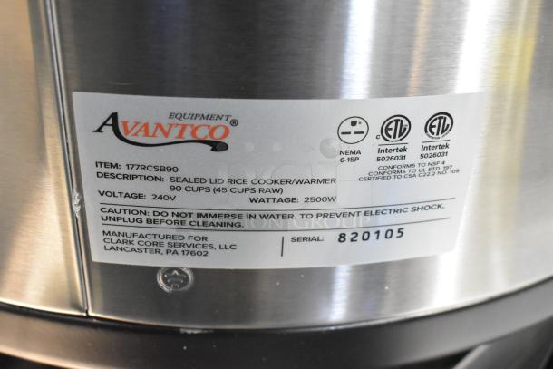 Avantco 177RCSB90 stainless steel 90-cup electric rice cooker, new with tags, 240V, 2500W, serial 820105.