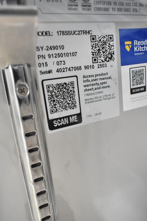 Brand new Avantco 178SSUC27RHC stainless steel undercounter cooler label showing serial and model numbers, QR code visible.