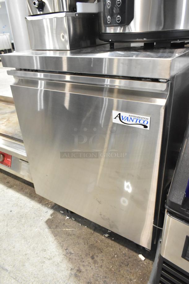 Brand new Avantco 178SSUC27RHC stainless steel undercounter cooler, single door, commercial casters, 115V, 1 phase.