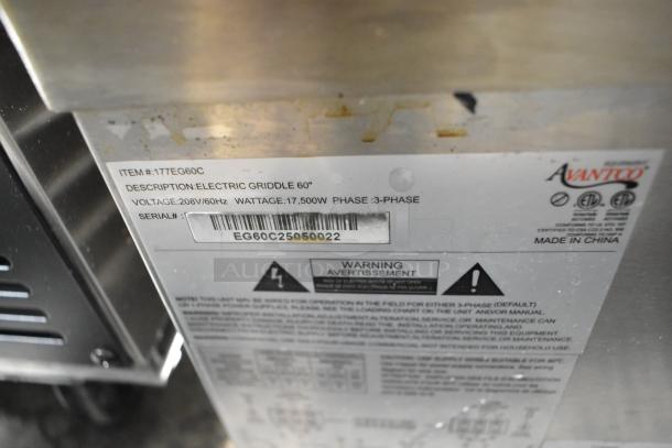 Avantco 177EG60C electric griddle label, 208V, 17,500W, 3-phase, stainless steel, serial EG60C25050022, warning included.