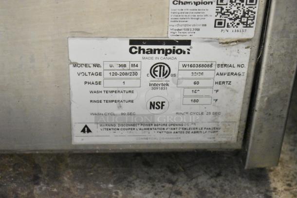 Champion UB30B Stainless Steel Undercounter Dishwasher, 120-208/230V, 1 Phase. Features NSF, ETL labels.