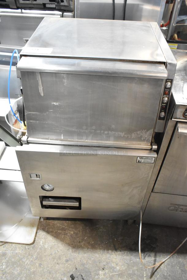 Stainless steel commercial undercounter glass washer, showing control panel with start and cycle buttons, in good condition.