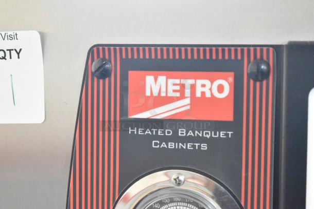 Metro MBQ-120 stainless steel heated banquet cabinet label, emphasizing brand and function.