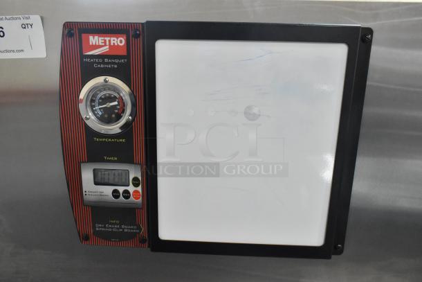 Metro MBQ-120 stainless steel heated banquet cabinet, brand new with scratches; holds 120 plates, digital timer, single door.