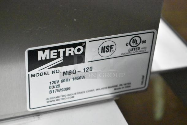 Metro MBQ-120 stainless steel insulated heated banquet cabinet label, 120V, NSF and UL listed, new condition, one door.