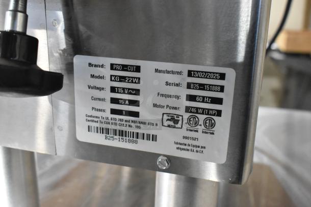 Pro-Cut KG-22W stainless steel meat grinder label showing model, 115V, 1-phase, manufactured 2025, serial B25-151888.