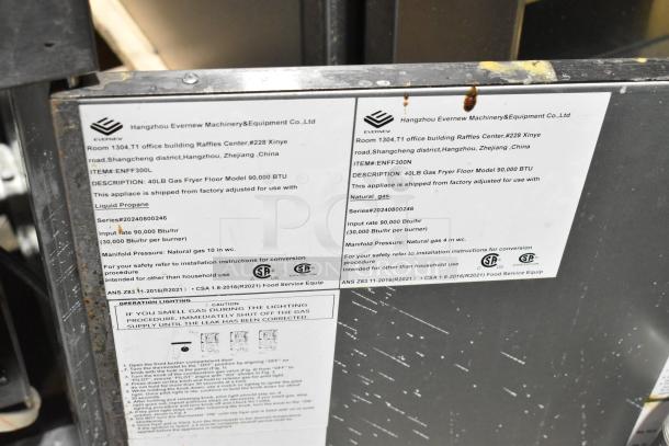 Hangzhou ENFF300L stainless steel propane gas fryer, 90,000 BTU, on commercial casters. Visible label shows specifications.