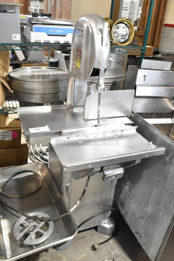 Biro 11 Metal Commercial Floor Style Meat Saw, stainless steel, used condition, visible power cord and safety labels.