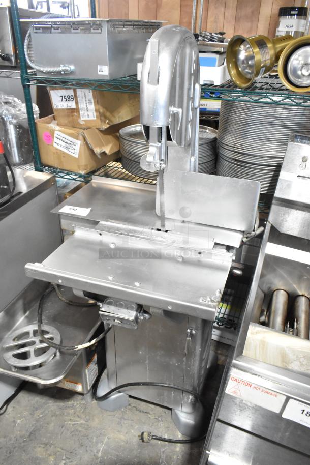 Biro 11 Metal Commercial Floor Style Meat Saw, used condition, sturdy metal build, includes safety guard and power cord.
