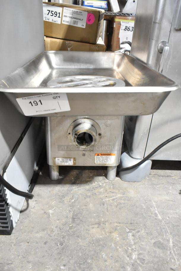 Berkel E-222 Stainless Steel Commercial Meat Grinder, 115V, 1 Phase with tray, moderate wear, auction lot 191 tag visible.