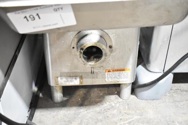 Berkel E-222 stainless steel commercial meat grinder, 115 volts, 1 phase, visible wear, warning labels, model and safety markings.