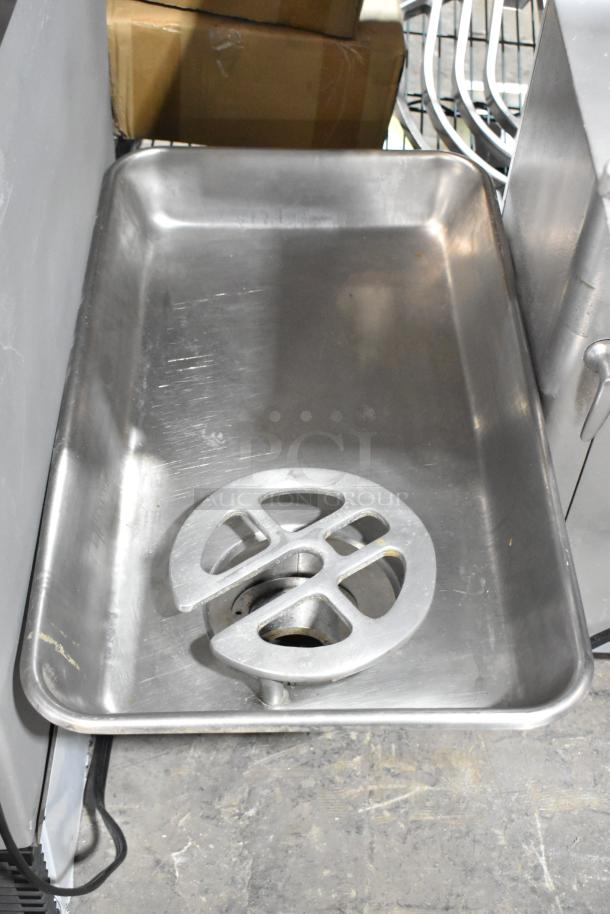 Berkel E-222 commercial countertop meat grinder, stainless steel, shown with empty tray, 115V, 1 phase, used condition.