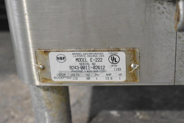 Berkel E-222 commercial meat grinder, stainless steel, 115V, 1 phase. Model label with serial number visible.