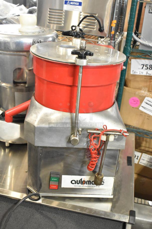 Automatic MJ Metal Commercial Countertop Food Processor, used, red and silver, start/stop buttons, industrial design.