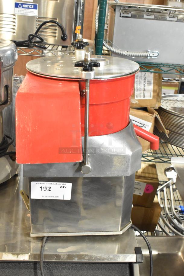 Automatic MJ Metal Commercial Food Processor, red and silver, countertop model, visible wear, auction tag "192" attached.