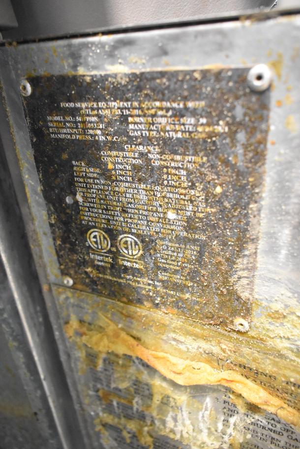 Mainstreet 541FF50N stainless steel fryer tag, showing model, serial number, 120,000 BTU, and gas type. Door issue noted.