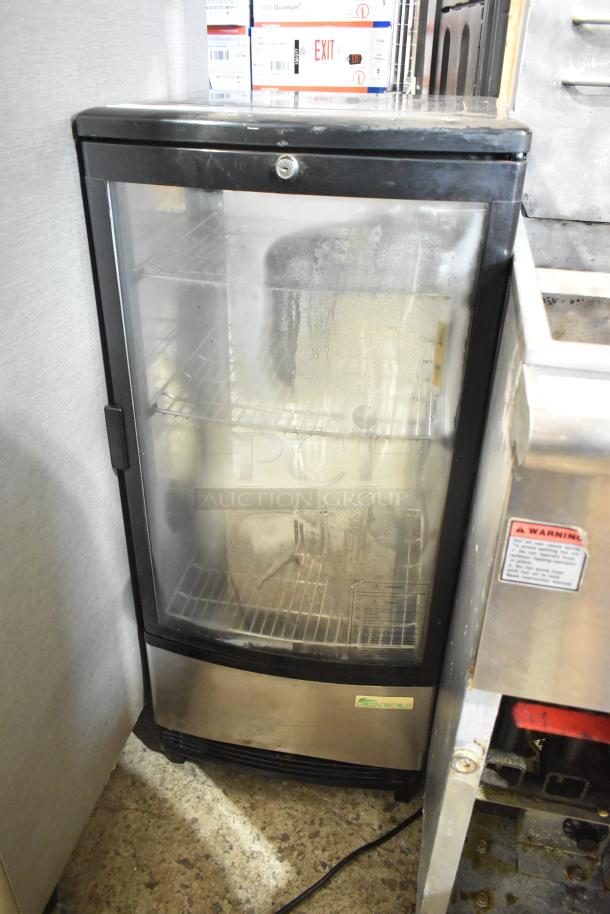 Green World CRT-77-1R metal mini cooler merchandiser, 115V, 1 phase, glass door, two shelves, used condition.