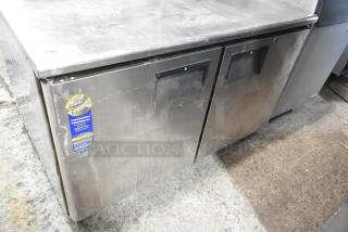 Everest ETBR2 stainless steel 2-door undercounter cooler, commercial grade, visible wear, "Best Warranty" label, 115V, 1 phase.