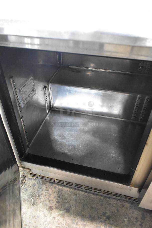 Everest ETBR2 stainless steel 2-door undercounter cooler, commercial use, 115V, clean interior, minimal wear, model label visible.
