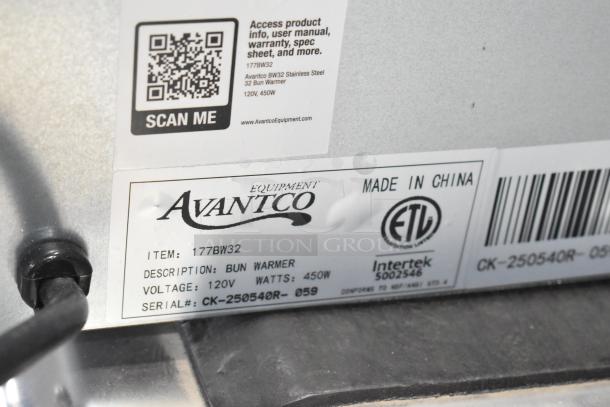 Avantco 177BW32 stainless steel warming drawer label, 120V, 450W, showing item details, barcode, and ETL certification.
