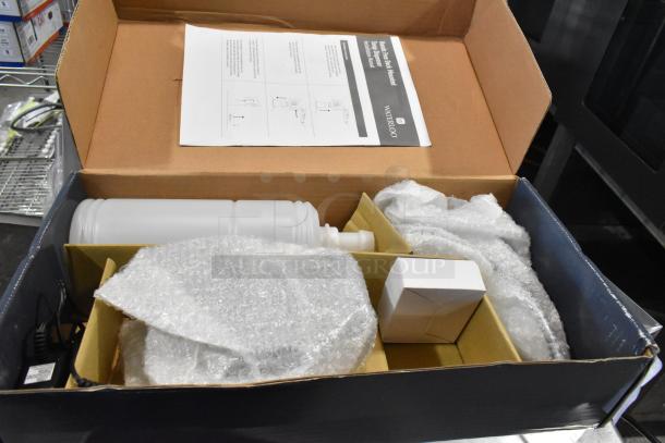 Brand new Waterloo 750151509 automatic chrome soap dispenser with liquid spout, 33.8 fl. oz., deck-mounted. Boxed condition.