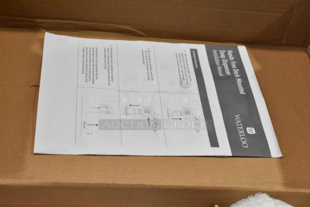 Waterloo 750151509 Hands-Free Deck-Mounted Soap Dispenser Manual, in original packaging, shows installation instructions.