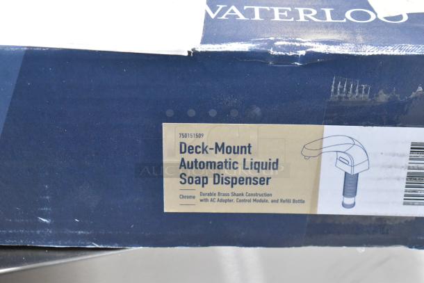 Waterloo 33.8 fl. oz. chrome soap dispenser, model 750151509. Automatic, deck-mounted, new with scratches.