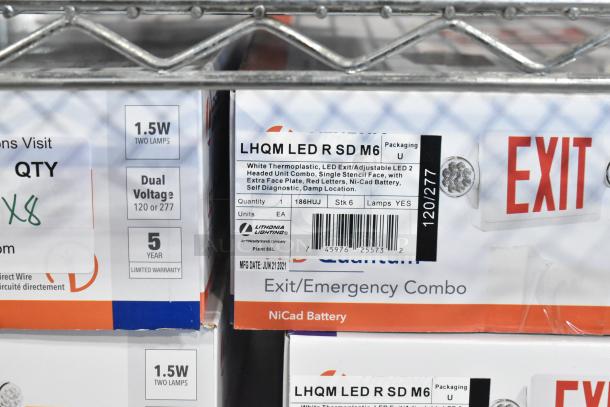 8 LHQM LED R SD M6 Exit/Emergency Combo Signs, new, scratch and dent, dual voltage, Ni-Cad battery, 1.5W lamps, 5-year warranty.