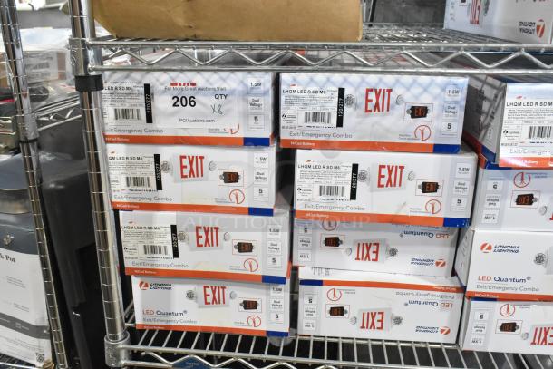 8 new LHQM LED R SD M6 exit/emergency combo signs in boxes. Dual voltage, 1.5W with NiCad battery. Scratch and dent condition.